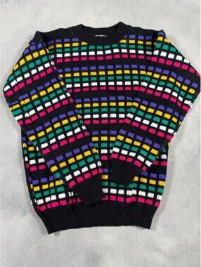 Vintage 80s Spunky Colorful Geometric Knit Sweater Made in USA